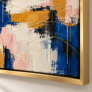 Navy Blue and Blush Abstract Wall Art in a styled room
