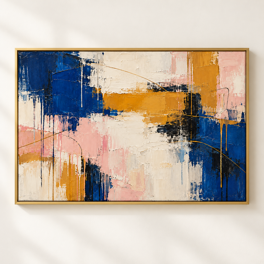 Navy Blue and Blush Abstract Wall Art in a styled room