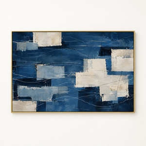 Navy Blue Patchwork Abstract Wall Art in a floating frame