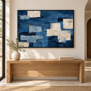 Navy Blue Patchwork Abstract Wall Art styled in a living space