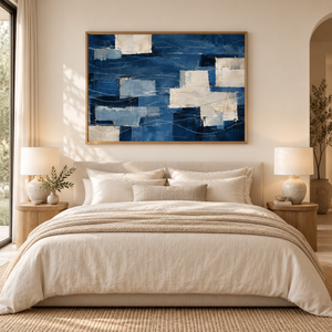 Navy Blue Patchwork Abstract Wall Art styled in a living space