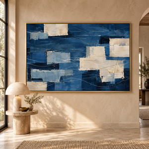 Navy Blue Patchwork Abstract Wall Art styled in a living space