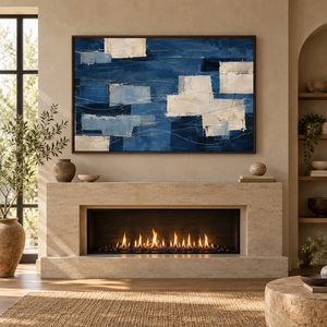 Navy Blue Patchwork Abstract Wall Art styled in a living space