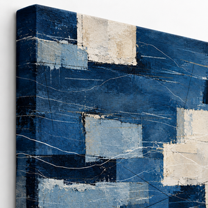 Close up of Navy Blue Patchwork Abstract Wall Art canvas texture and frame edge