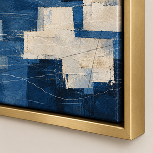 Close up of Navy Blue Patchwork Abstract Wall Art canvas texture and frame edge