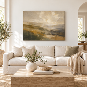 Olive and Gold Rolling Hills Art Print styled in a living space