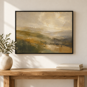 Olive and Gold Rolling Hills Art Print styled in a living space