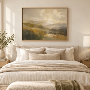 Olive and Gold Rolling Hills Art Print styled in a living space