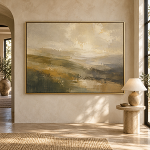 Olive and Gold Rolling Hills Art Print styled in a living space