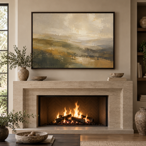Olive and Gold Rolling Hills Art Print styled in a living space