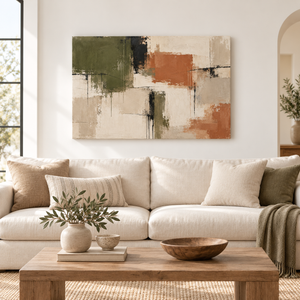 Olive and Rust Abstract Wall Art styled in a living space