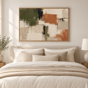 Olive and Rust Abstract Wall Art styled in a living space