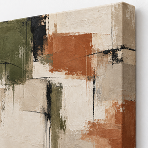 Close up of Olive and Rust Abstract Wall Art canvas texture and frame edge