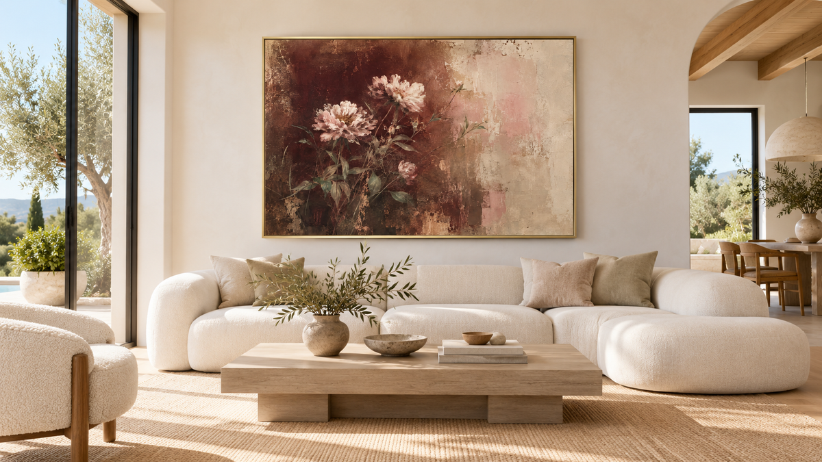 Peony canvas in a floating frame above a curved boucle sofa
