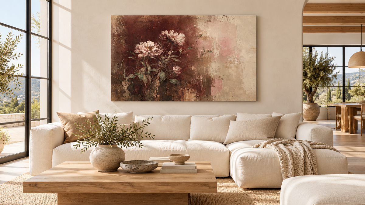 Burgundy peony canvas above a sectional sofa in a sunlit open living room
