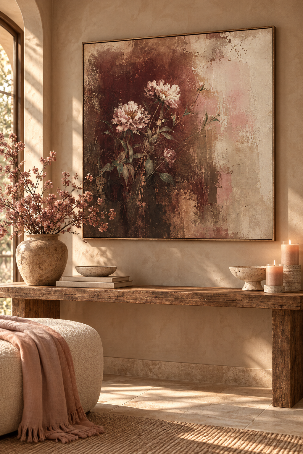 Burgundy peony canvas in a floating frame above a rustic console