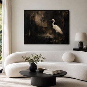 Oversized Moody Heron Canvas Print, Dark Gold Coastal Living Room Decor, Dramatic Neutral Farmhouse Bird Wall Art, Still Life Print