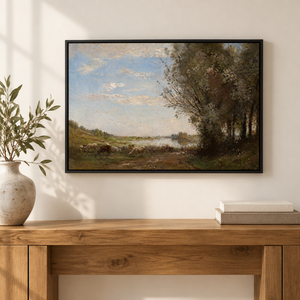 Pastoral Tree Line Landscape Art Print styled in a living space