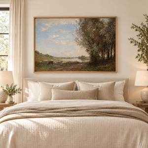 Pastoral Tree Line Landscape Art Print styled in a living space