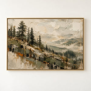 Pine Hillside Misty Valley Art Print in a floating frame