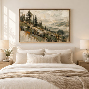 Pine Hillside Misty Valley Art Print styled in a living space