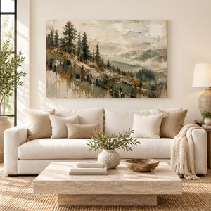 Pine Hillside Misty Valley Art Print styled in a living space
