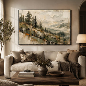 Pine Hillside Misty Valley Art Print styled in a living space