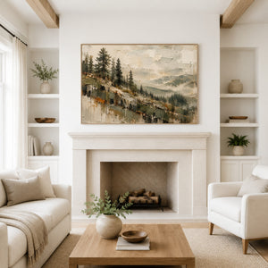 Pine Hillside Misty Valley Art Print styled in a living space