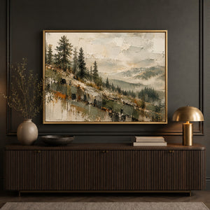 Pine Hillside Misty Valley Art Print styled in a living space