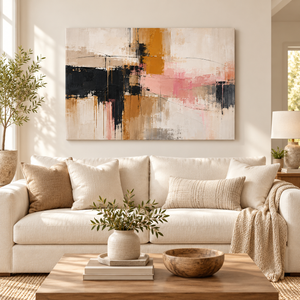 Pink and Mustard Abstract Wall Art in a styled room