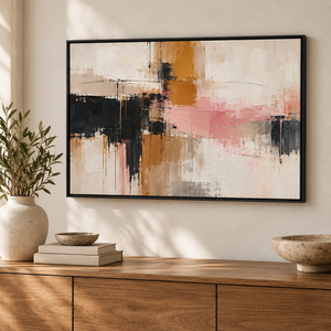 Pink and Mustard Abstract Wall Art in a styled room