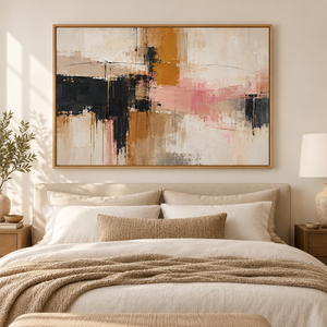 Pink and Mustard Abstract Wall Art in a styled room
