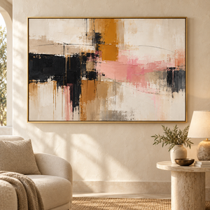 Pink and Mustard Abstract Wall Art in a styled room