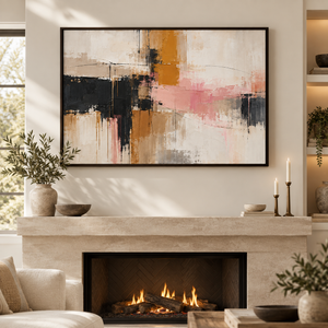 Pink and Mustard Abstract Wall Art in a styled room