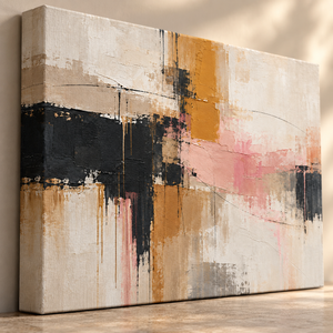 Pink and Mustard Abstract Wall Art in a styled room