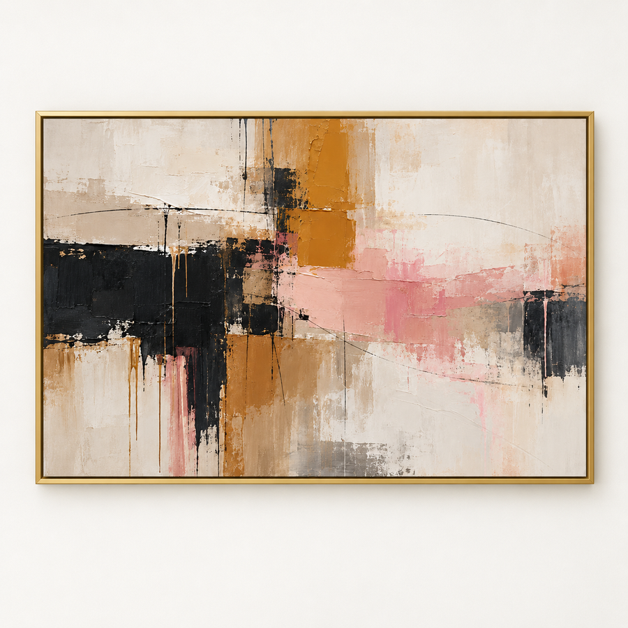 Pink and Mustard Abstract Wall Art in a styled room