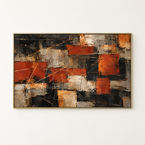 Rust and Black Patchwork Abstract Wall Art in a floating frame