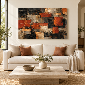 Rust and Black Patchwork Abstract Wall Art styled in a living space