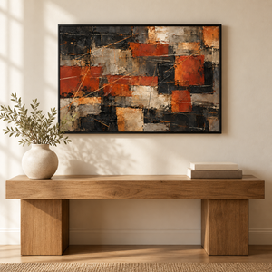 Rust and Black Patchwork Abstract Wall Art styled in a living space