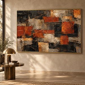 Rust and Black Patchwork Abstract Wall Art styled in a living space