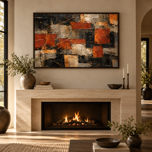 Rust and Black Patchwork Abstract Wall Art styled in a living space