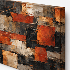 Close up of Rust and Black Patchwork Abstract Wall Art canvas texture and frame edge