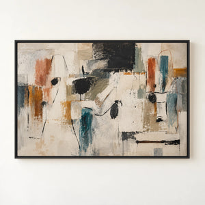 Rust and Teal Gestural Abstract Wall Art in a floating frame