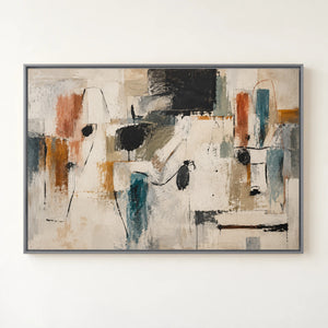 Rust and Teal Gestural Abstract Wall Art in a floating frame
