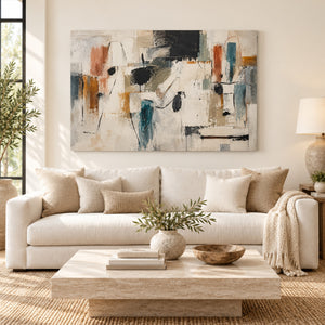 Rust and Teal Gestural Abstract Wall Art styled in a living space