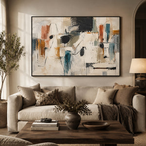 Rust and Teal Gestural Abstract Wall Art styled in a living space