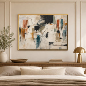 Rust and Teal Gestural Abstract Wall Art styled in a living space