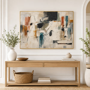 Rust and Teal Gestural Abstract Wall Art styled in a living space