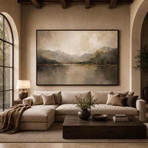 Rustic Mountain Lake Landscape Art Print, Framed Canvas Wall Art, Vintage Farmhouse Art, Modern Cottage Living Room Decor, Large Wall Art