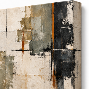 Close up of Sage and Black Layered Abstract Wall Art canvas texture and frame edge